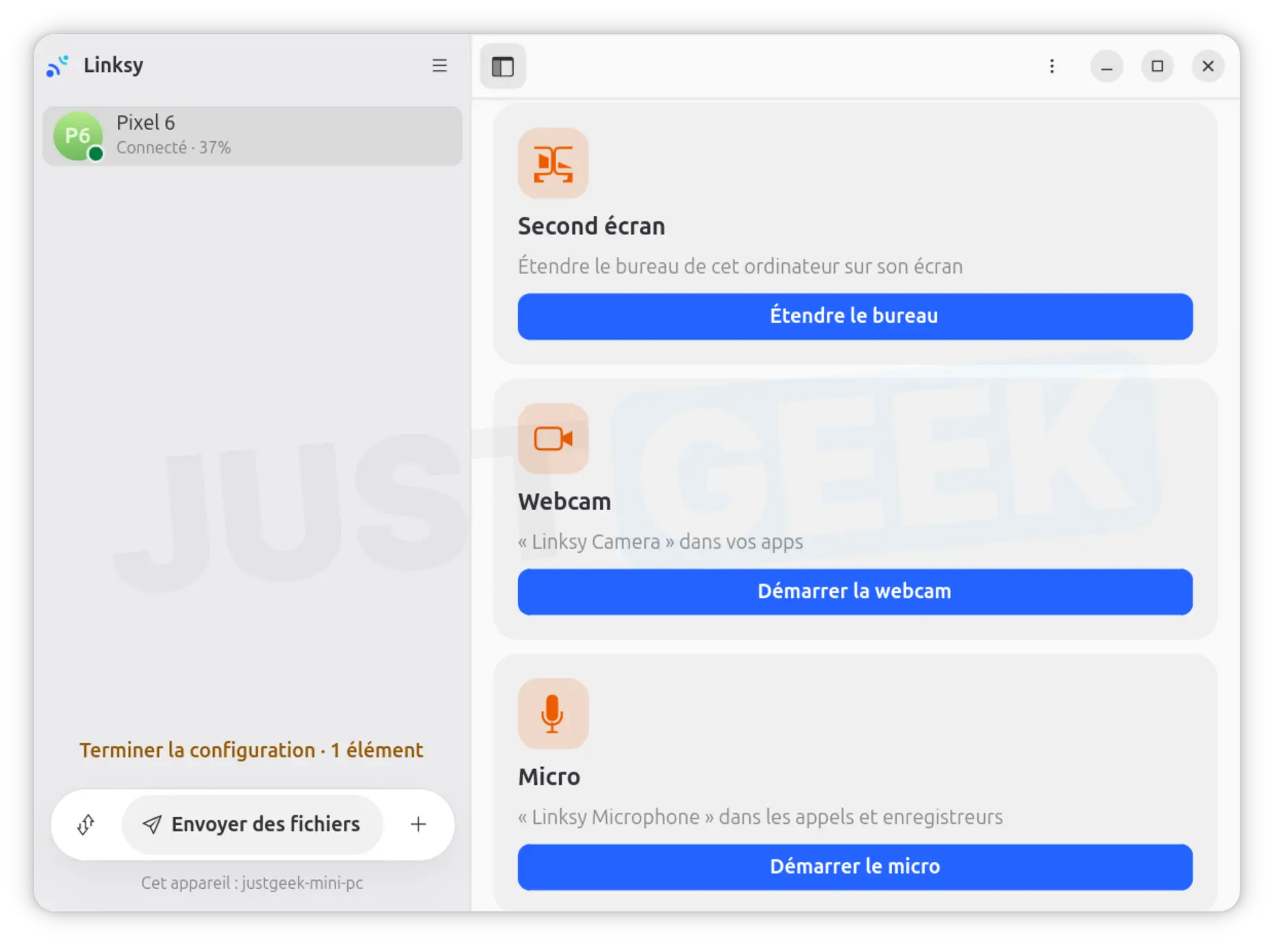 Linksy interface in Ubuntu showing options to use an Android smartphone as a second screen, webcam or microphone on a Linux PC
