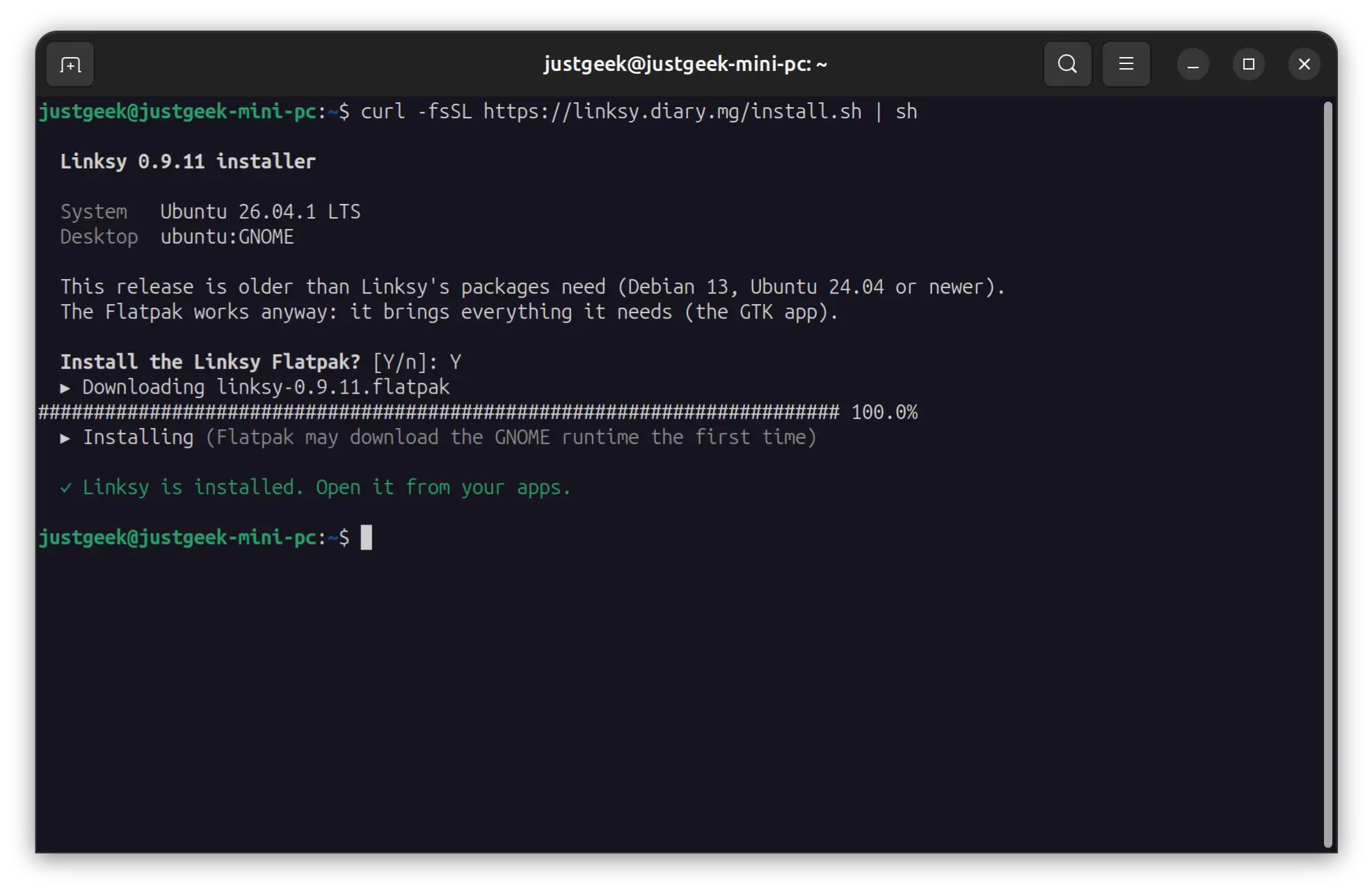 Installing Linksy 0.9.11 on Ubuntu 26.04.1 LTS via terminal, including downloading the Flatpak package and confirming successful installation