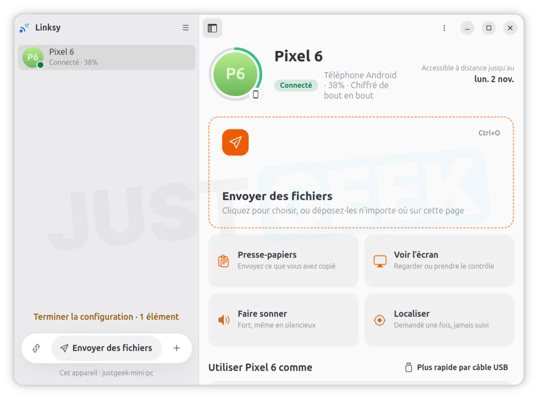 Linksy main interface in Ubuntu with a connected Google Pixel 6 and options for file transfer, clipboard sharing, screen display, and phone location