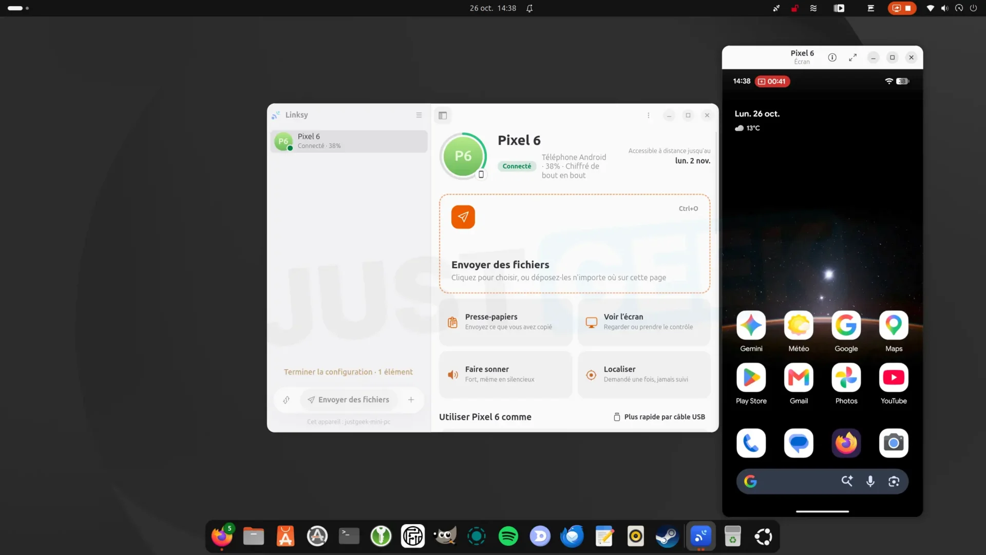 Linksy interface in Ubuntu showing software functions and the screen of a Google Pixel 6 smartphone in a separate window