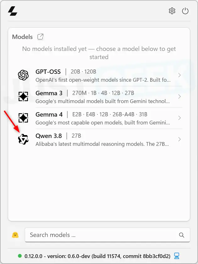 Llama Windows window showing available AI models including GPT-OSS, Gemma 3, Gemma 4, and Qwen 3.8