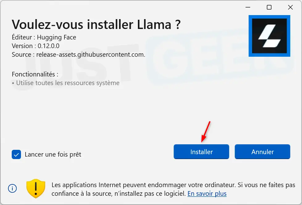 Llama Windows 0.12.0.0 installation window, published by Hugging Face, with the button 