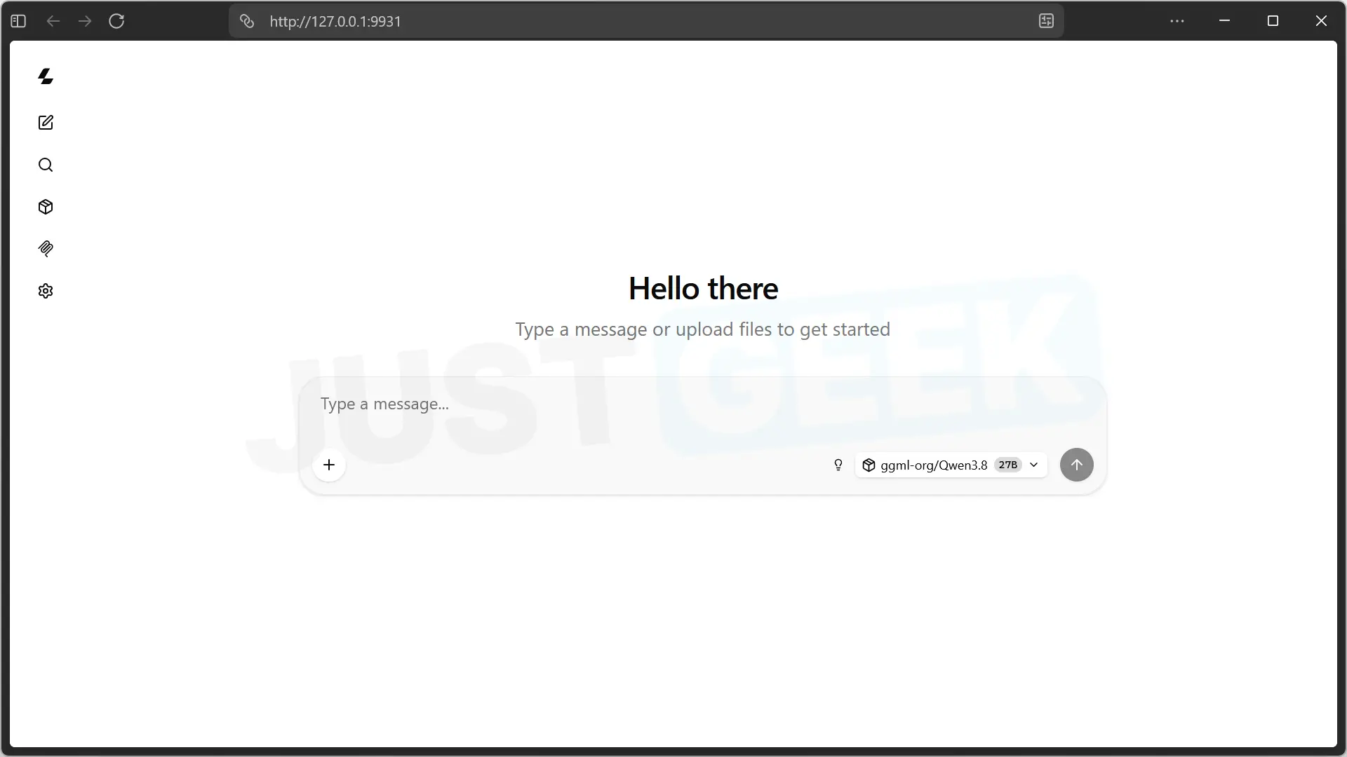 The Llama Windows chat interface opened in a browser at 127.0.0.1:9931, with the Qwen 3.8 27B template selected