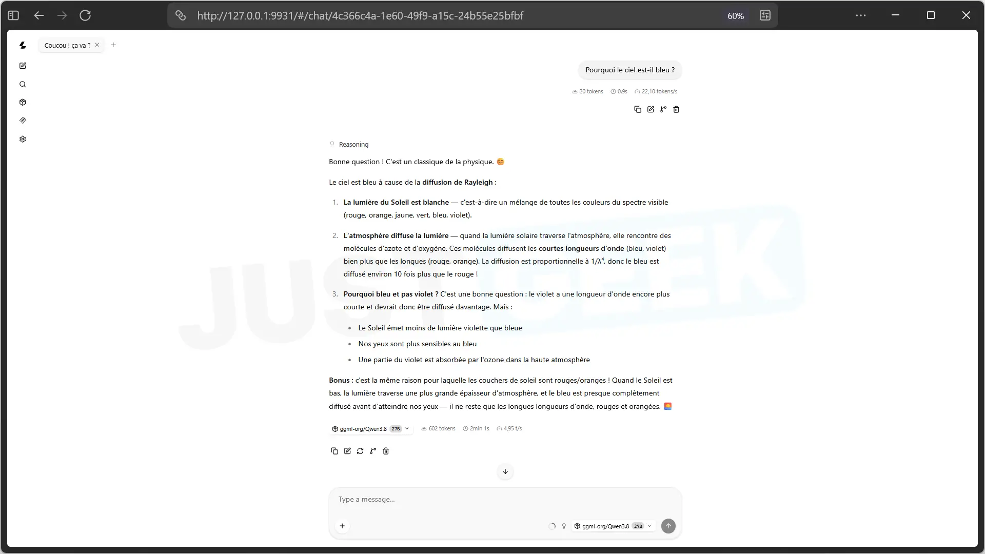 Answer from Qwen 3.8 27B on Llama Windows explaining why the sky is blue, with 602 tokens generated in 2 minutes and 1 second