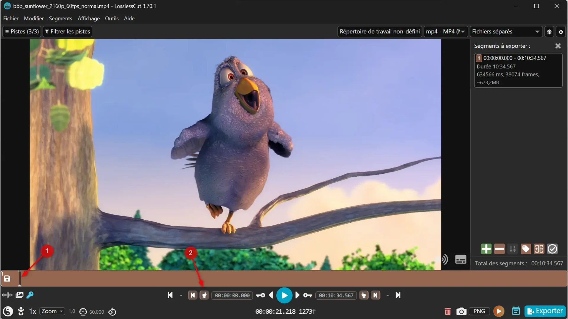 Set the starting point of a video clip in LosslessCut using the button to the left of playback