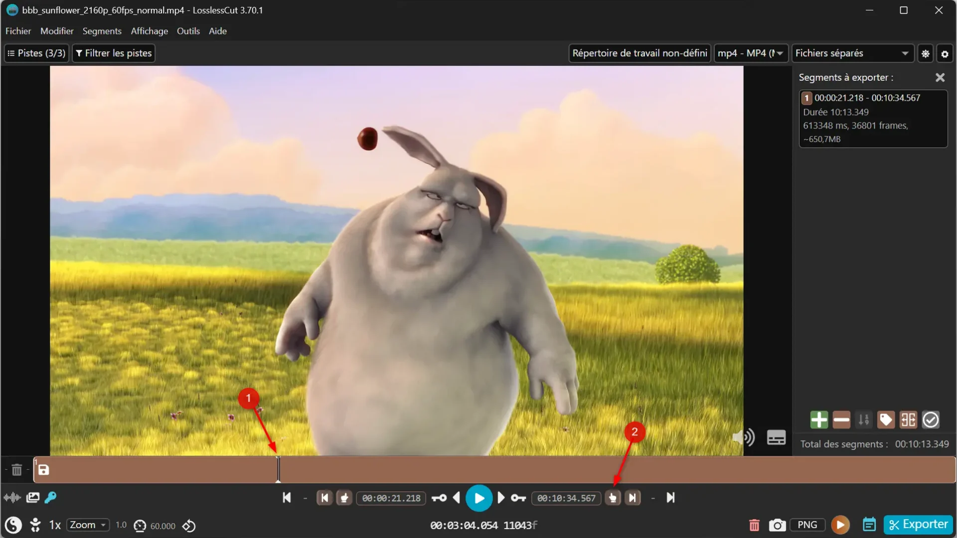 Select the end point of a video clip in LosslessCut using the button to the right of playback