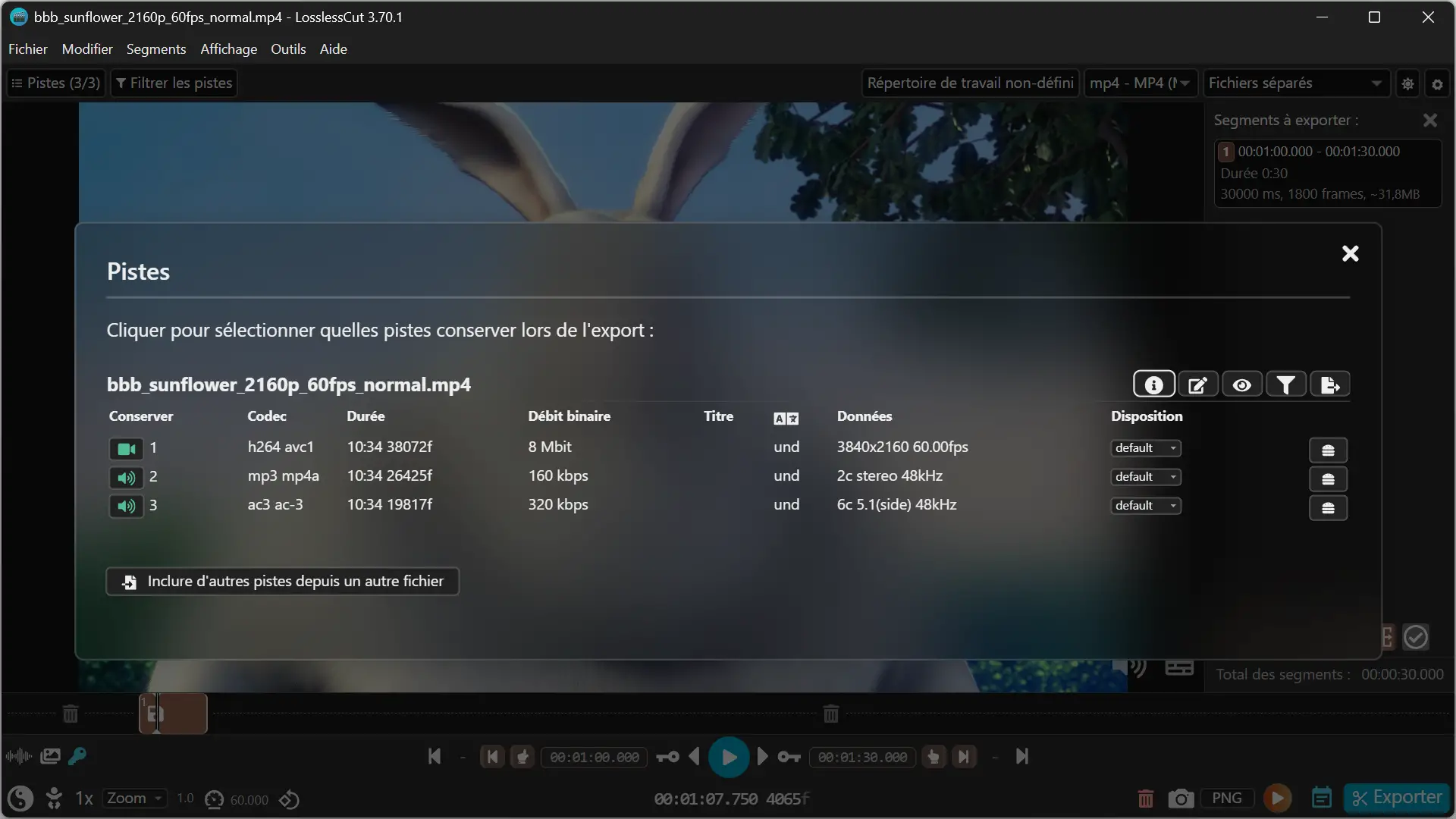Track management window in LosslessCut, allowing you to select video and audio tracks to keep during export