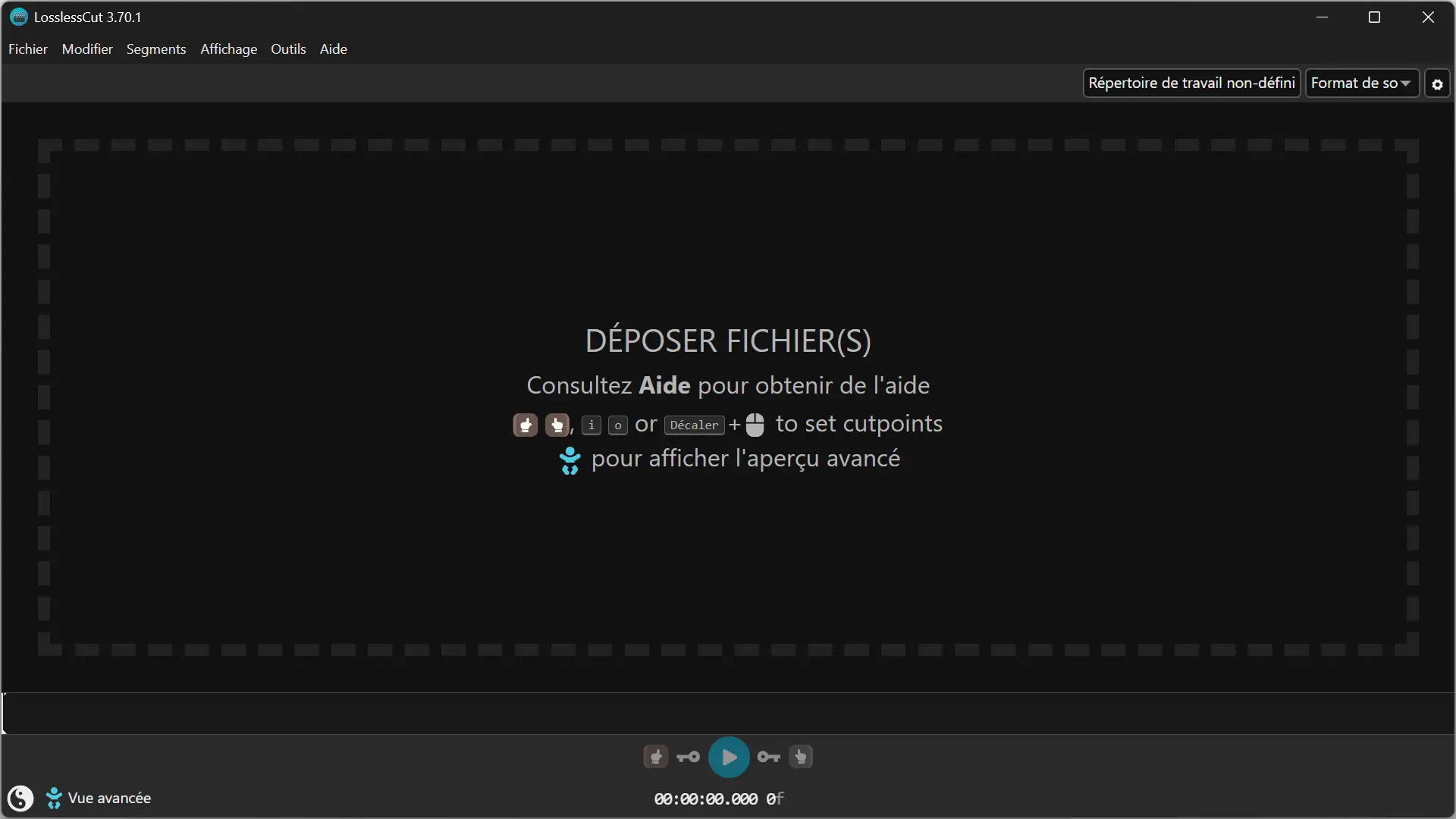 LosslessCut main interface on Windows, with drag and drop area for video and audio files