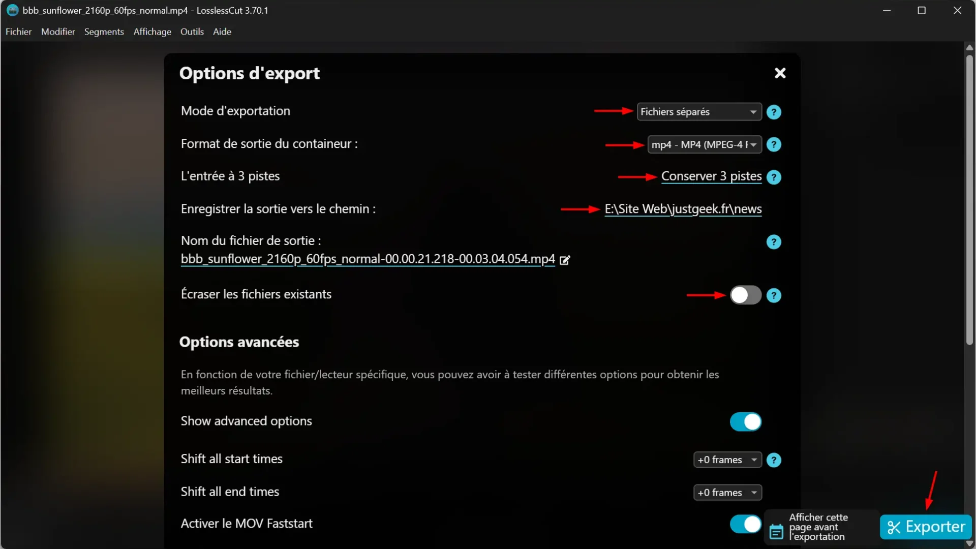 LosslessCut export options window that allows you to choose the video format, tracks to keep, and destination folder.