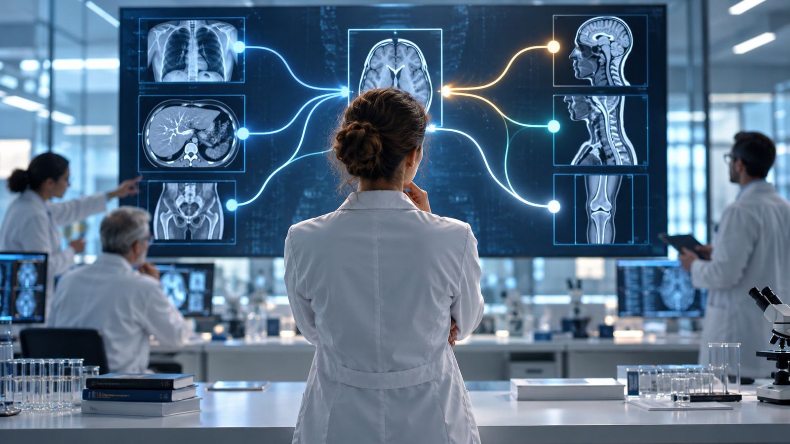 Doctor in front of a diagnostic diagram assisted by artificial intelligence