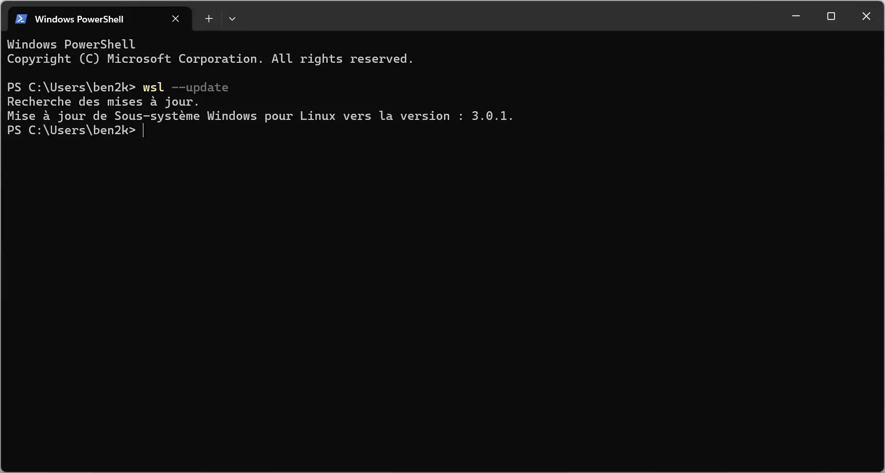 Updating WSL to version 3.0.1 with the wsl --update command in PowerShell