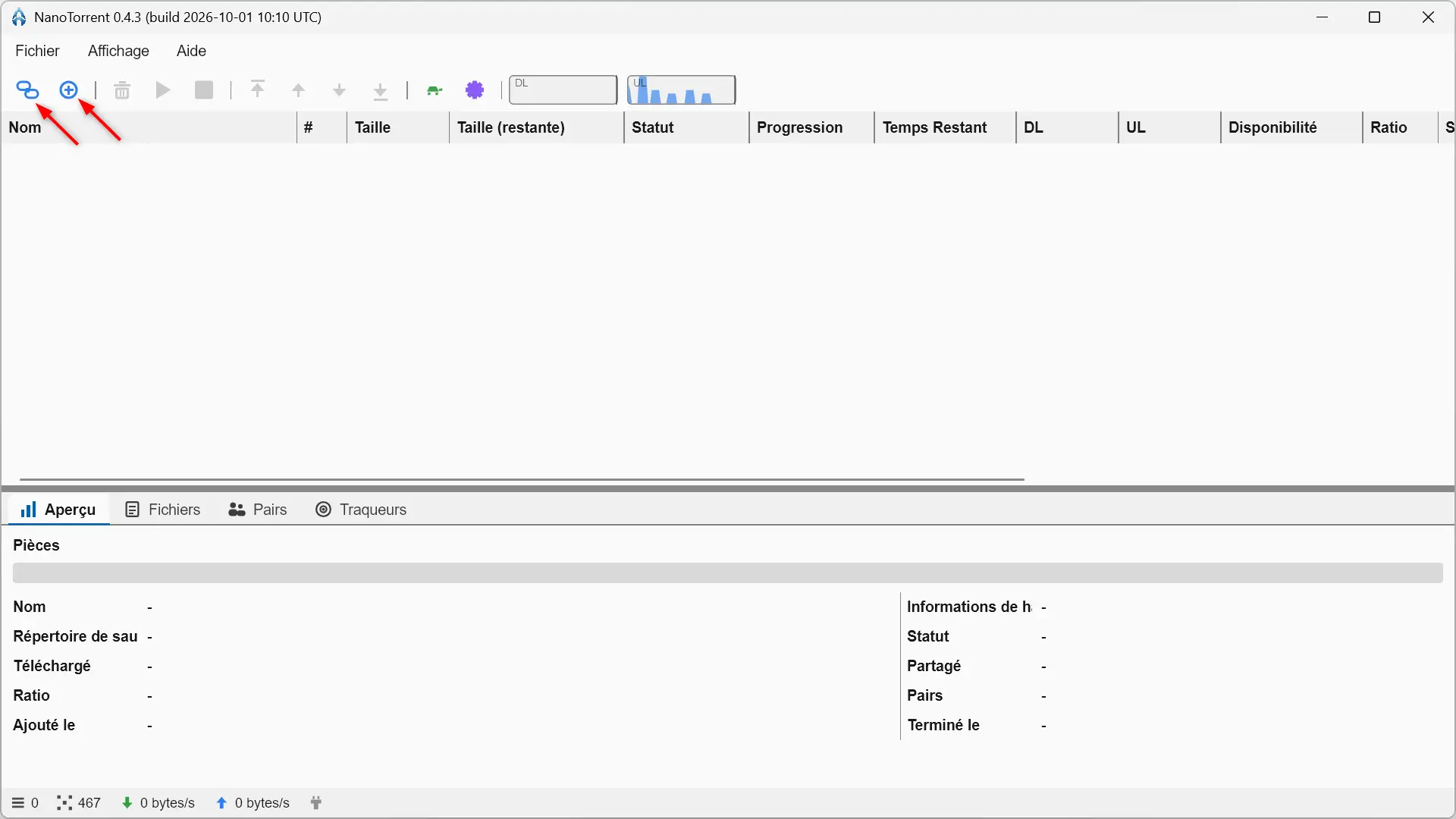 Buttons to add a torrent file or magnet link in NanoTorrent