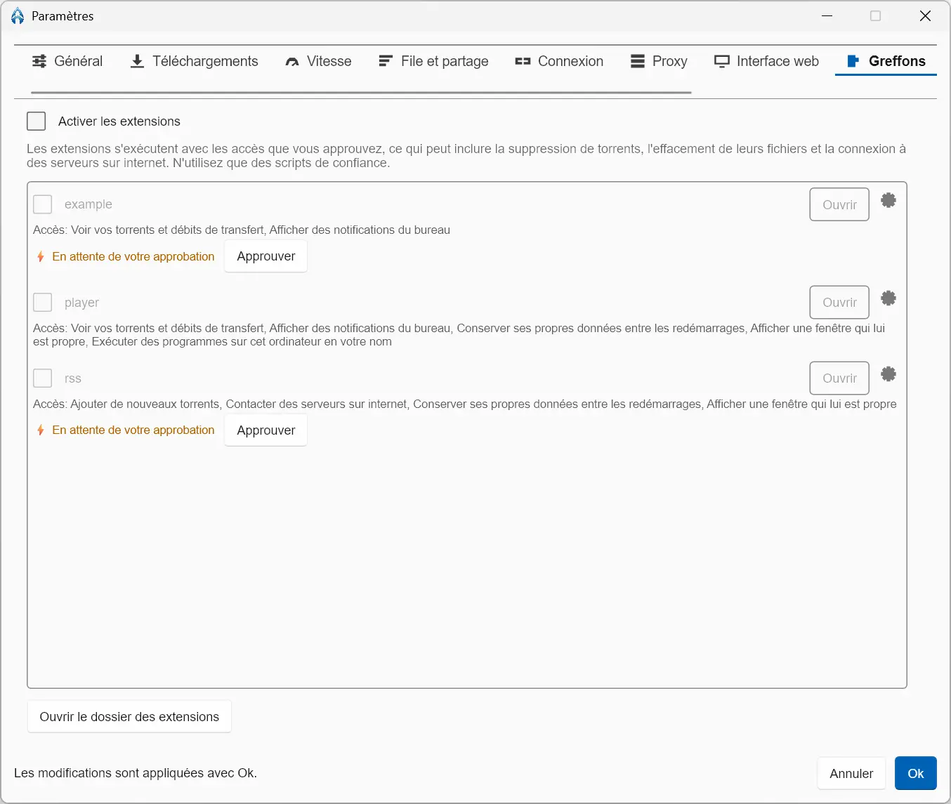 Setting up NanoTorrent plugin with available extensions and their permissions