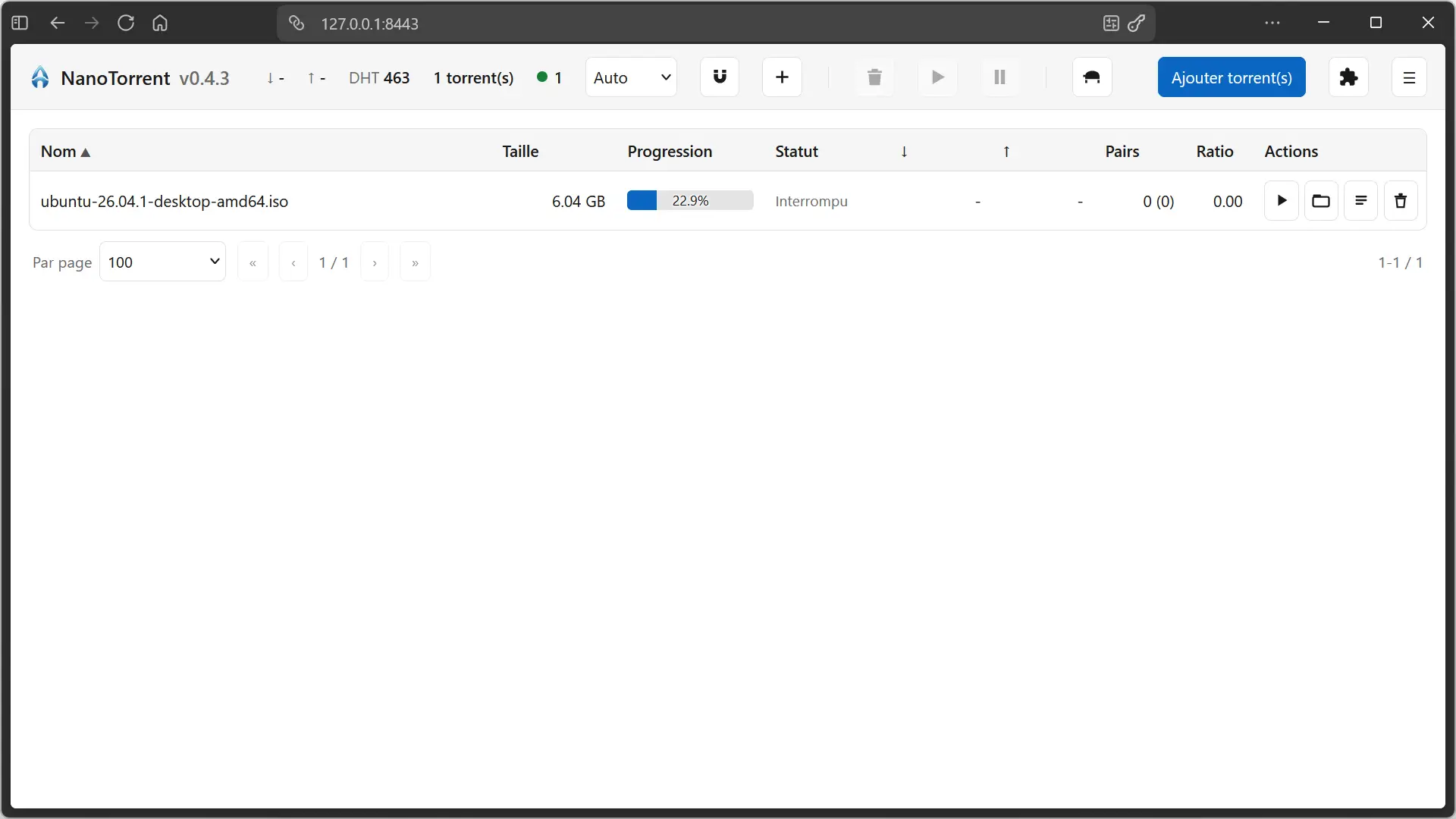 NanoTorrent web interface displayed in a browser with the list of torrents