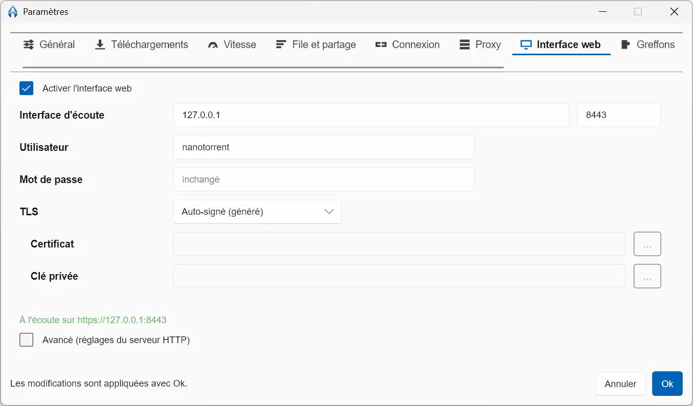 Configuring the NanoTorrent web interface with HTTPS access and authentication