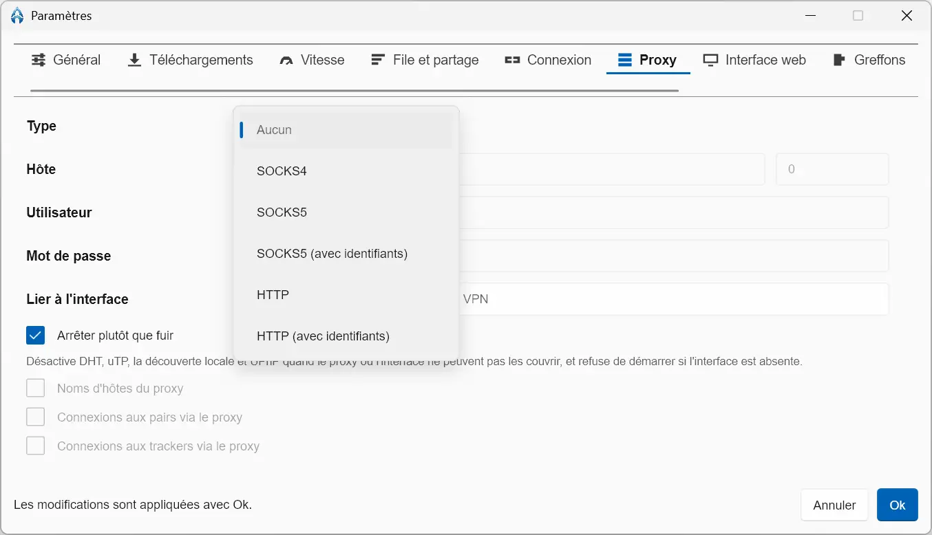 NanoTorrent proxy setup with link to a VPN interface and Stop instead of flee option