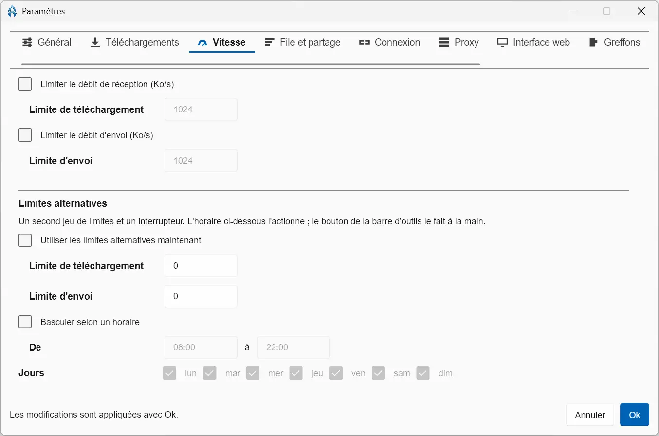 NanoTorrent settings to limit and schedule download and upload rates