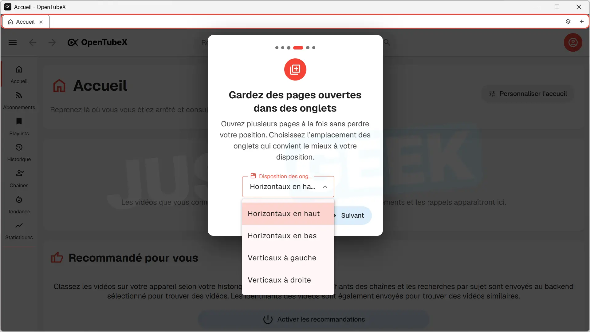 Configure the tab layout in OpenTubeX with four possible locations top, bottom, left or right