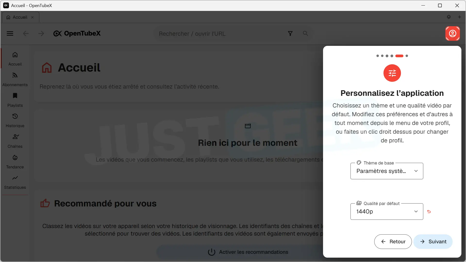 OpenTubeX setup wizard that allows you to choose the default interface theme and video quality