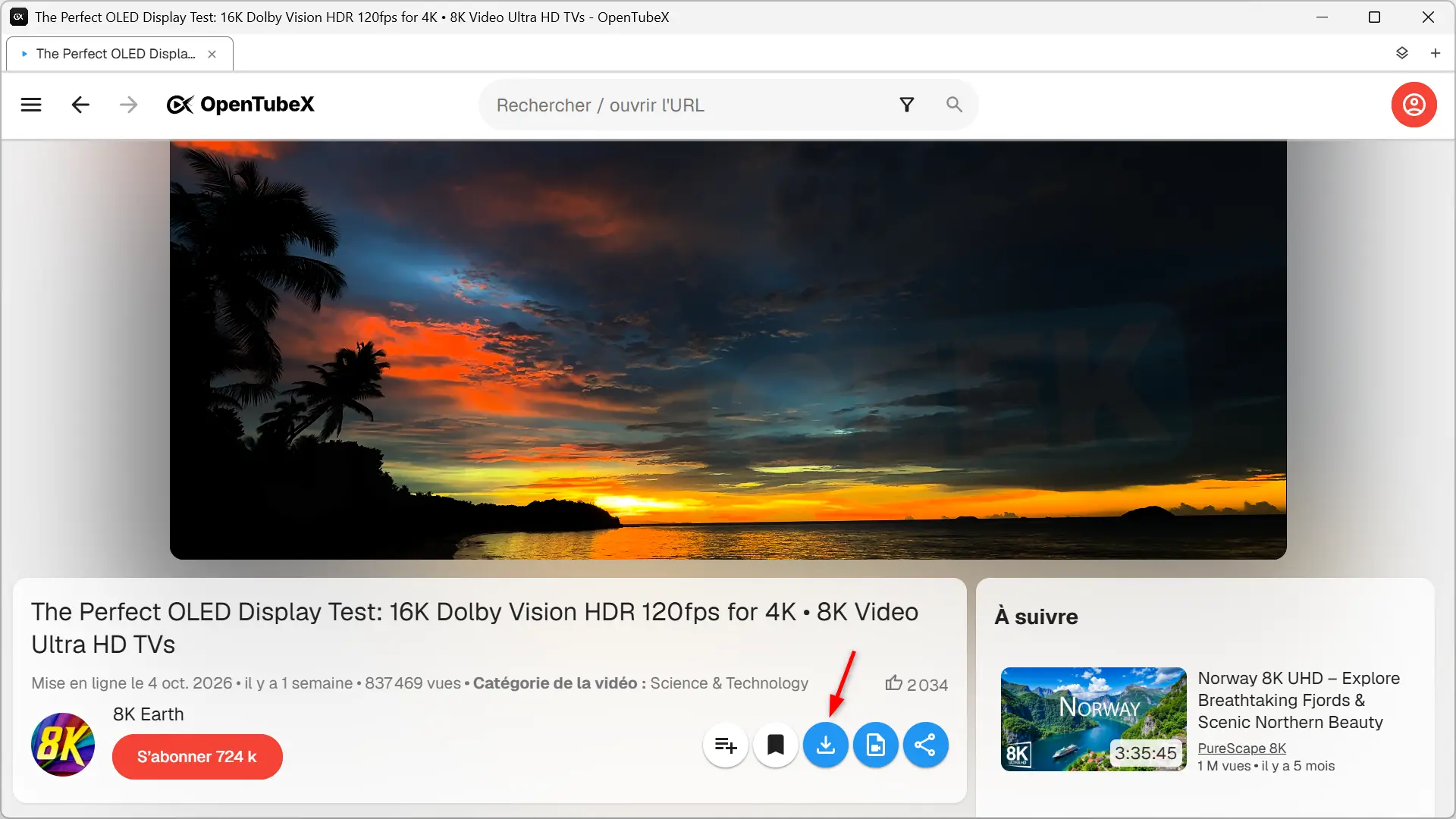 OpenTubeX playback interface showing YouTube video download button below the player