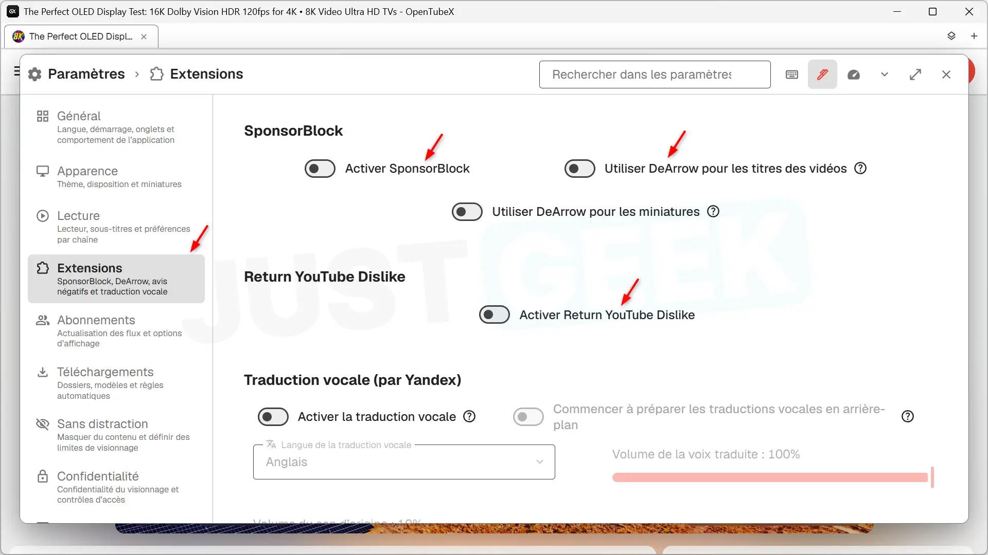 Configuring OpenTubeX extension to enable SponsorBlock, DeArrow, Return YouTube Dislike and voice translation