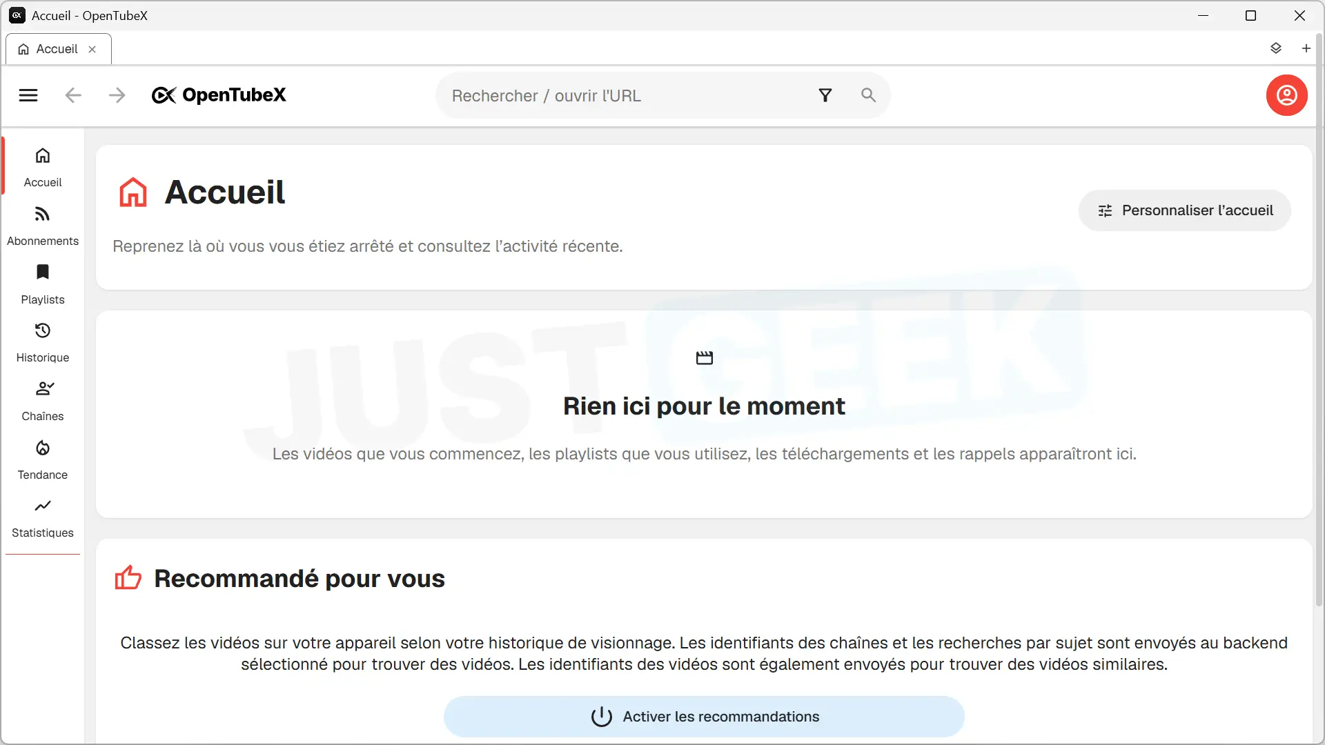 OpenTubeX home interface on Windows with side menu, recent activity, and the ability to enable video recommendations