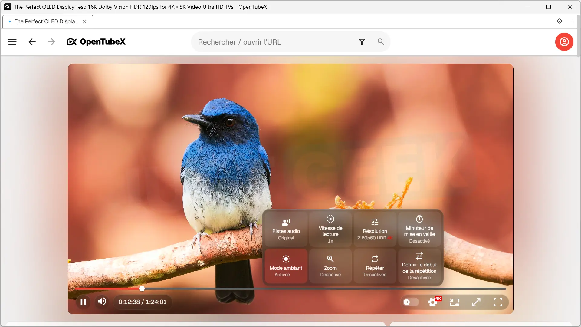 Play a video in OpenTubeX with ambient mode enabled, which spreads the image colors around the player