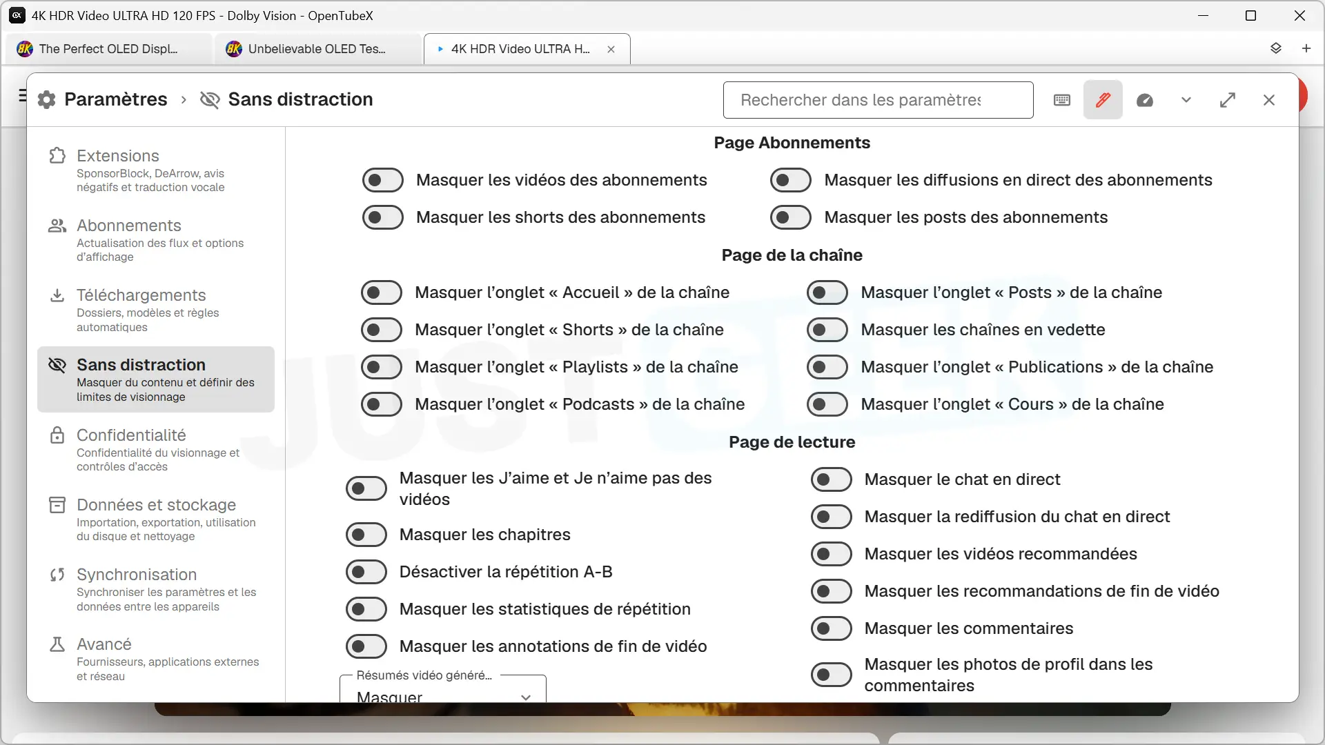 Setting up OpenTubeX Distraction Free mode to hide YouTube clips, comments, recommendations, and other elements