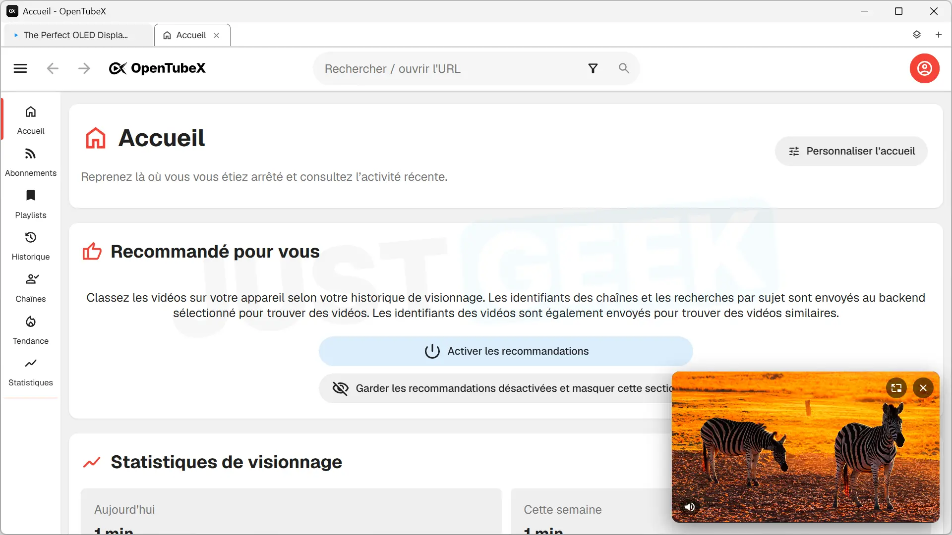 OpenTubeX home page with a video displayed in a floating player at the bottom right thanks to the integrated Picture-in-Picture mode