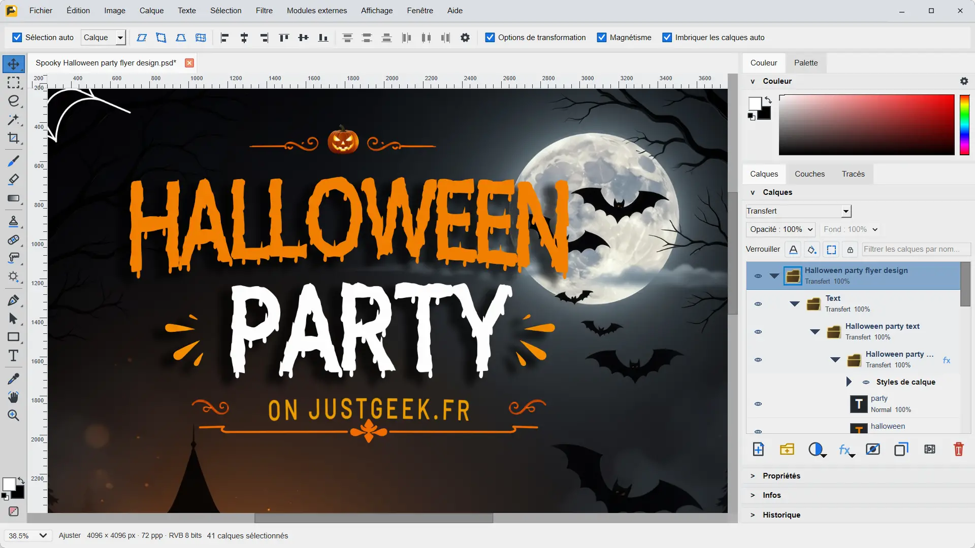 Irregular interface showing a Photoshop PSD file with a modified Halloween poster and its different layers visible