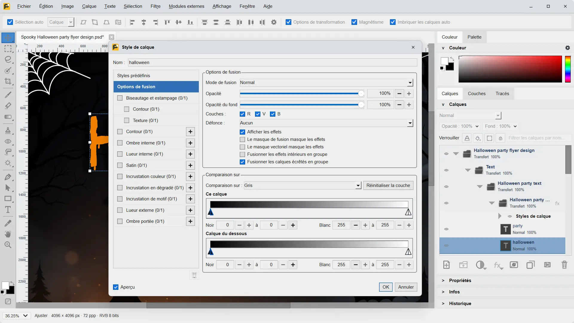 Patchy Layer Styles window showing blending options and available effects, such as drop shadows, strokes, and glows.
