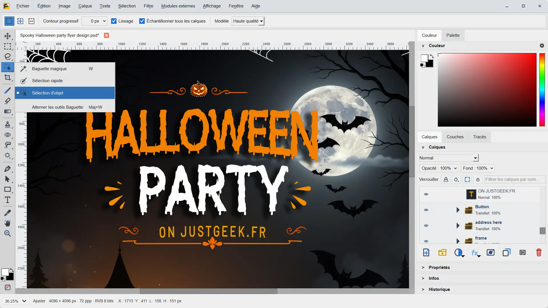 Jagged interface showing the object selection tool and an automatically selected pumpkin on a Halloween banner