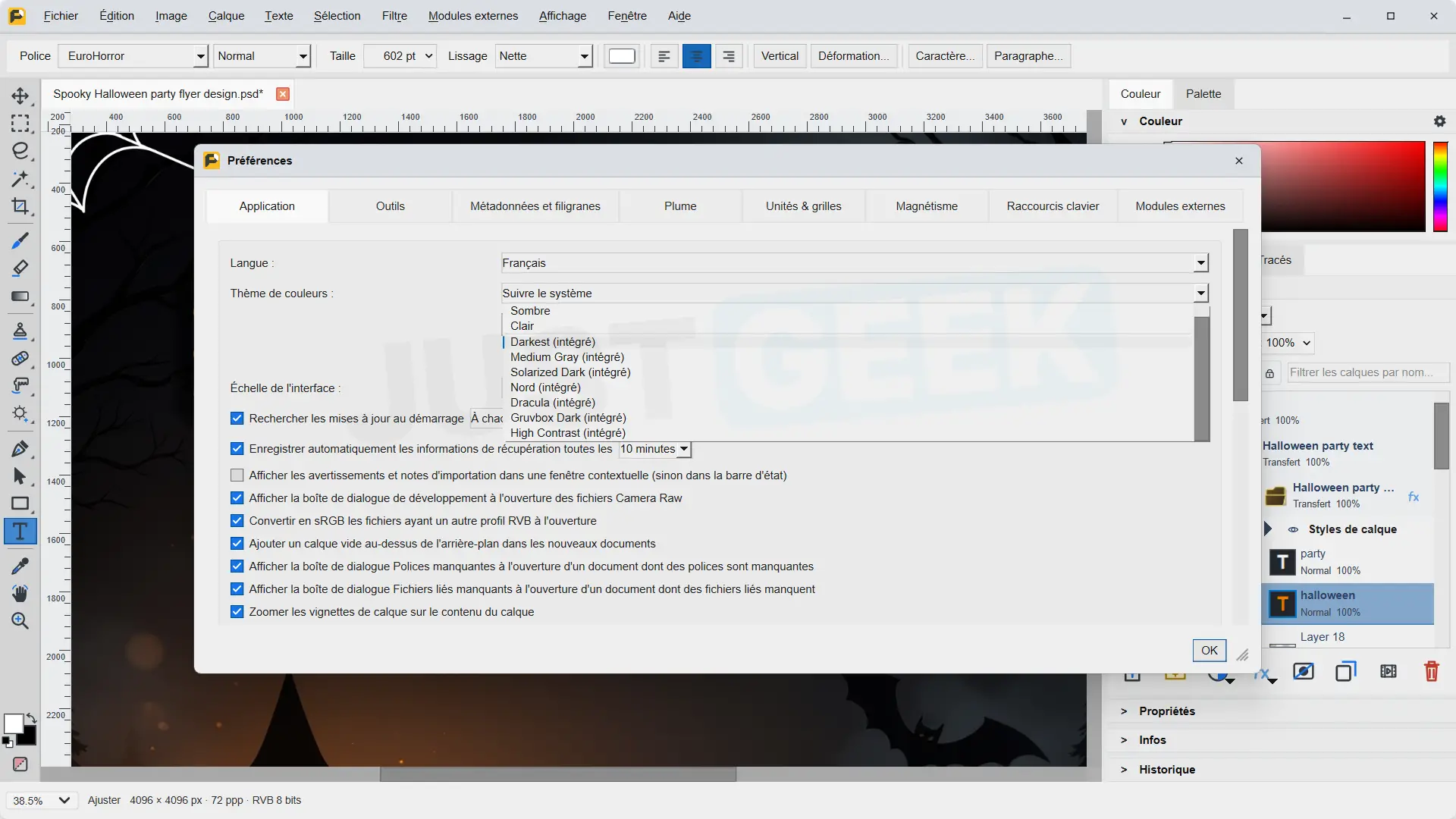 Irregular preferences window showing the different themes available to customize the software interface