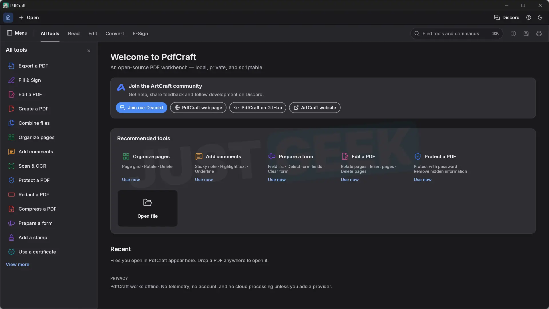 PdfCraft home screen showing tools to edit, organize and protect PDF files