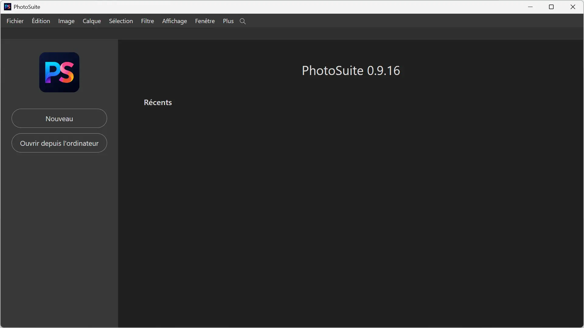 PhotoSuite 0.9.16 Start Screen on Windows