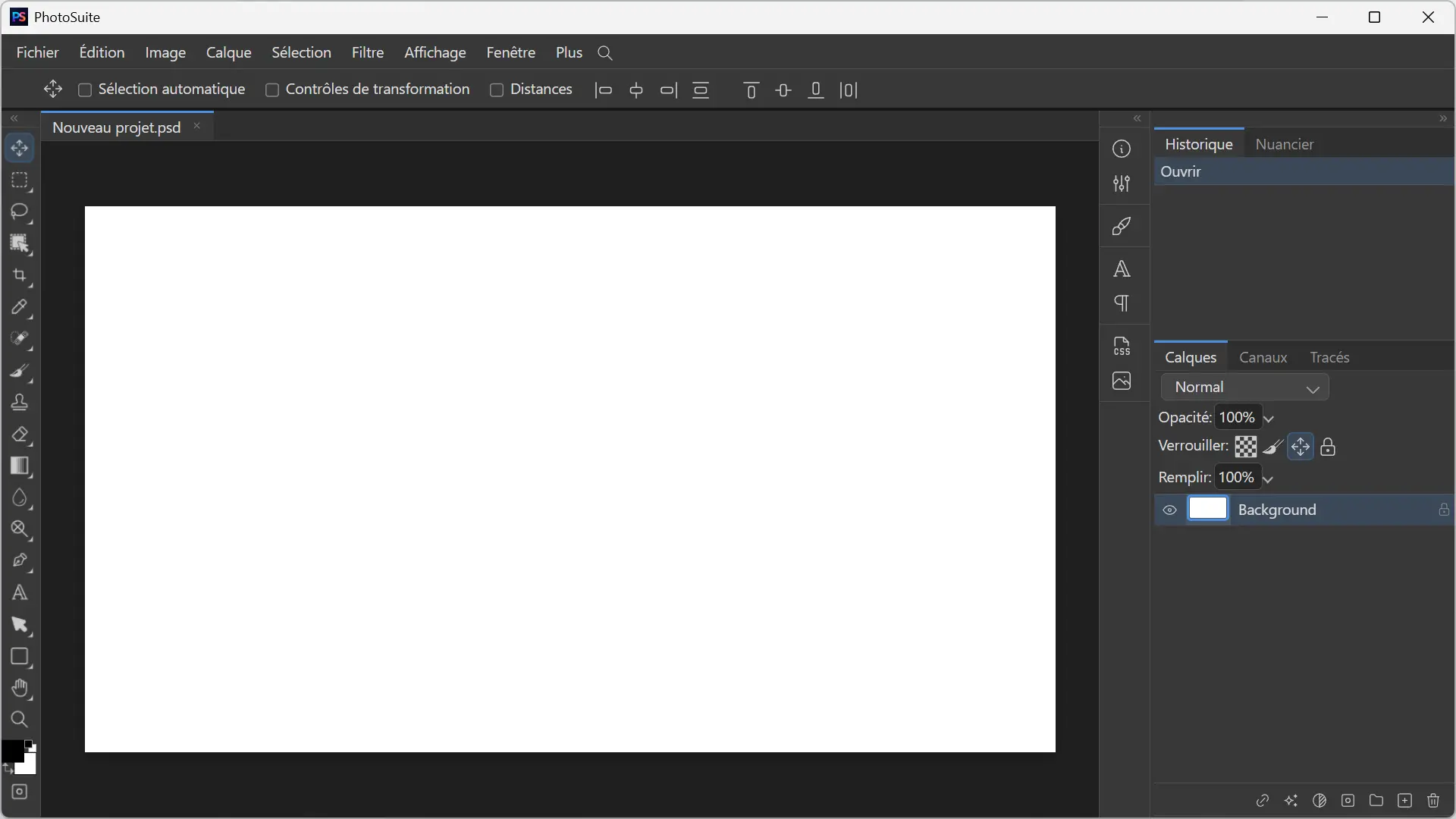 PhotoSuite interface with a new project and different editing tools.