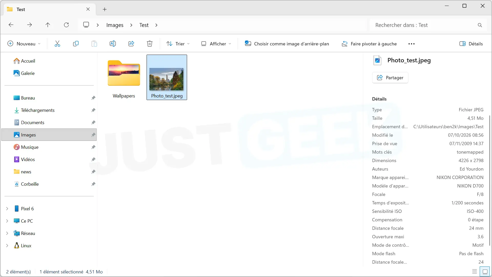 Photo metadata shown in Windows 11 File Explorer before cleaning with PrivMeta