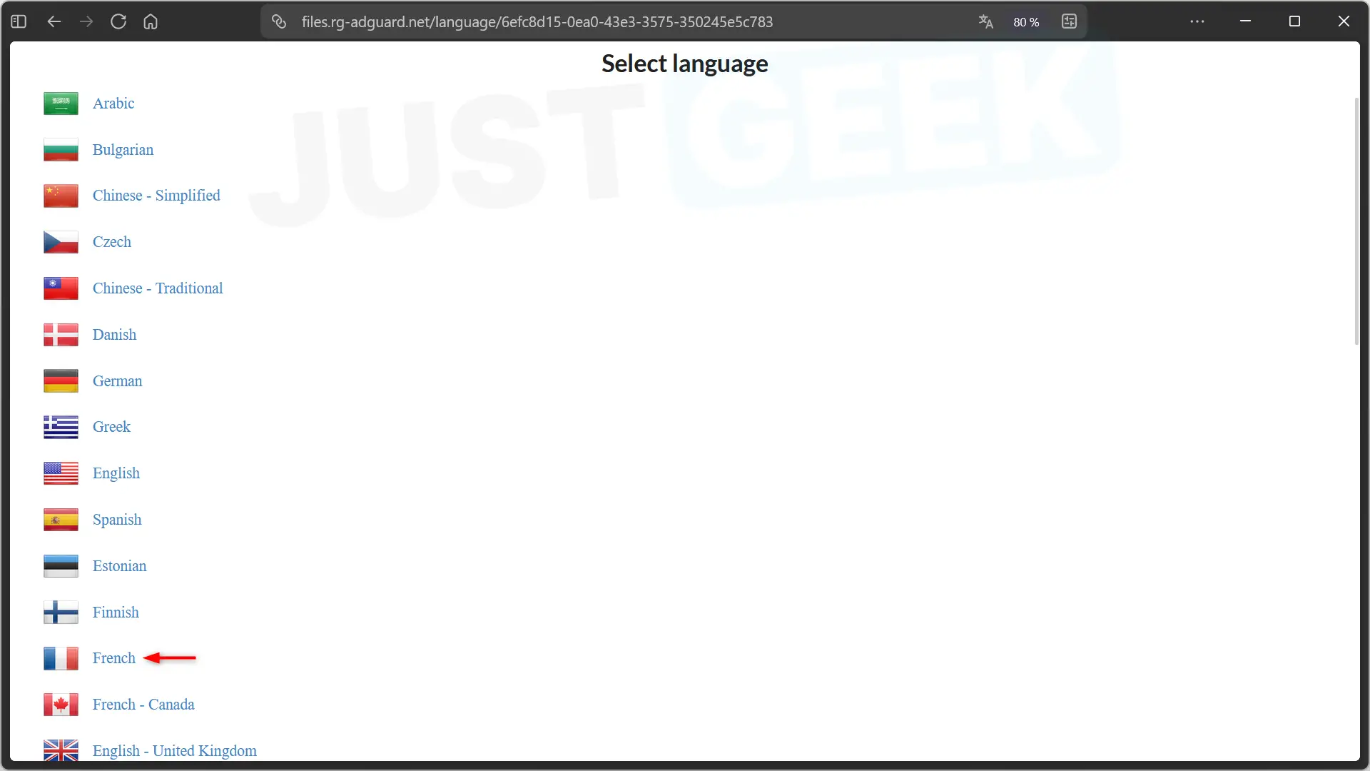 Select French language in rg-adguard to download a Windows 11 ISO image