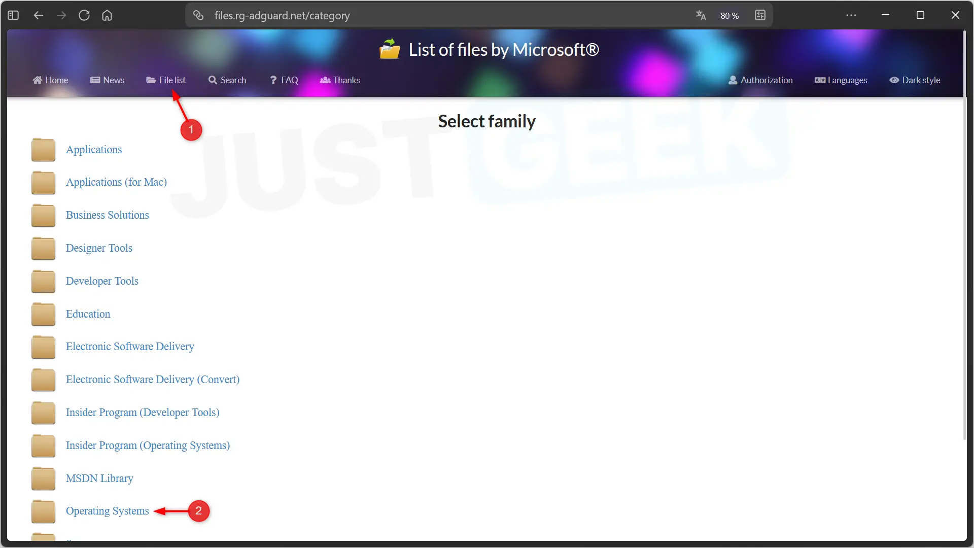 rg-adguard file list menu that allows you to access the Operating Systems category to search for a Windows ISO image