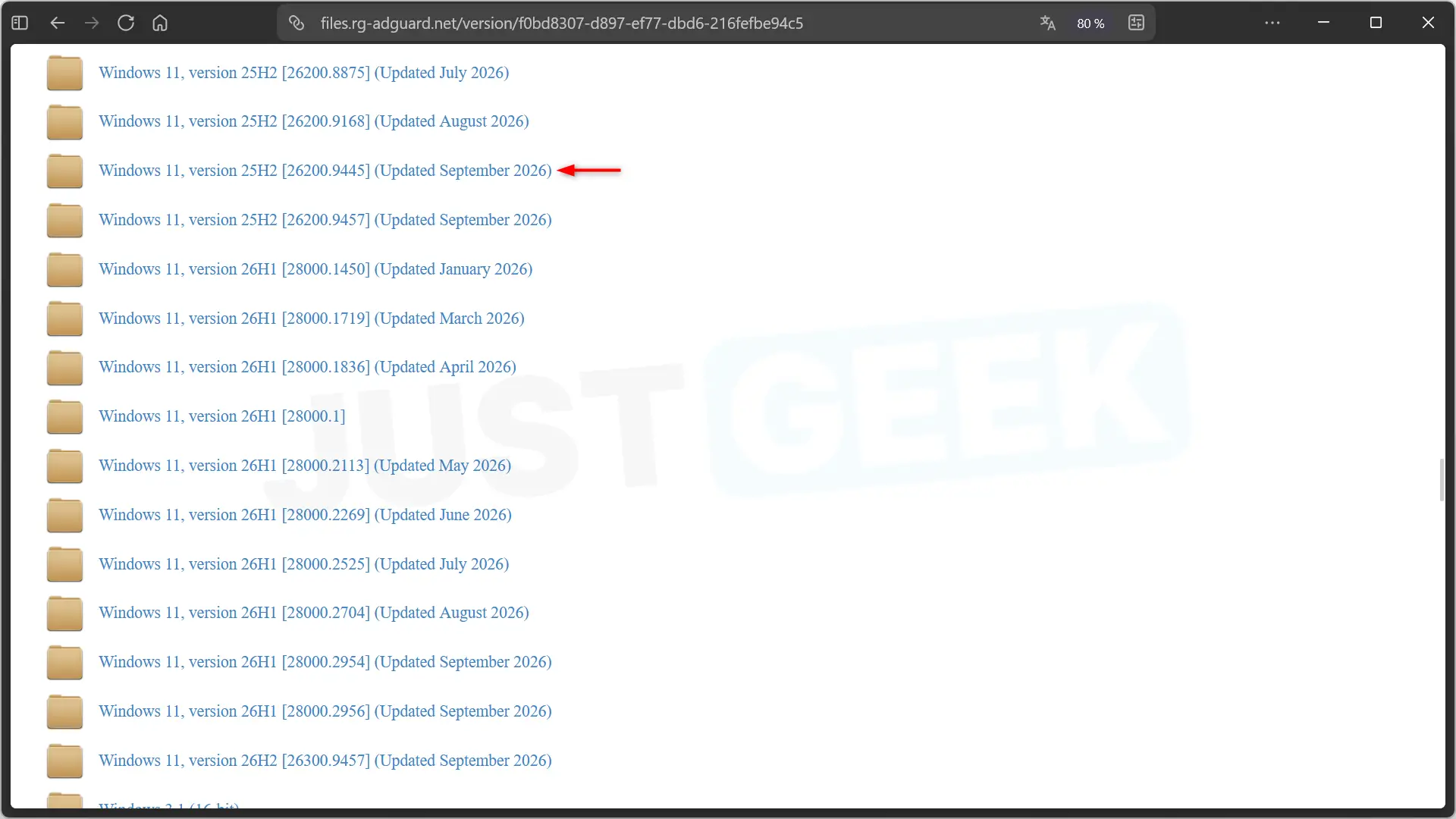 List of Windows 11 releases in rg-adguard with selection of Windows 11 25H2, build 26200.9445 September 2026