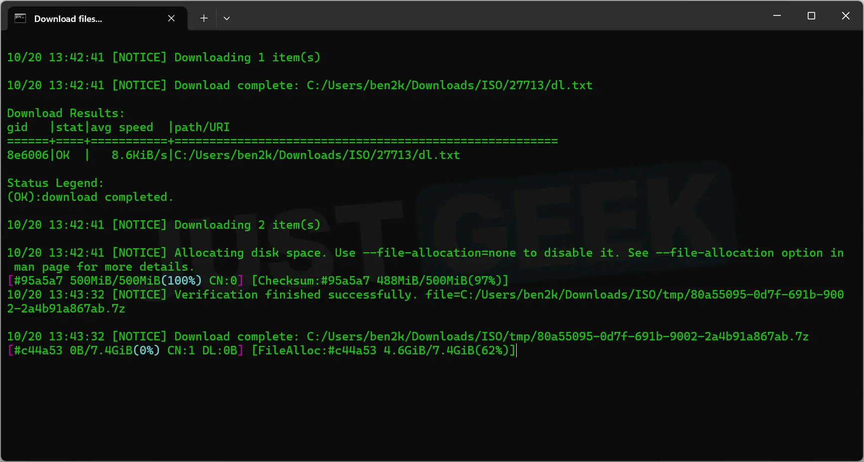 Terminal showing the end of downloading the first file and the preparation of the second