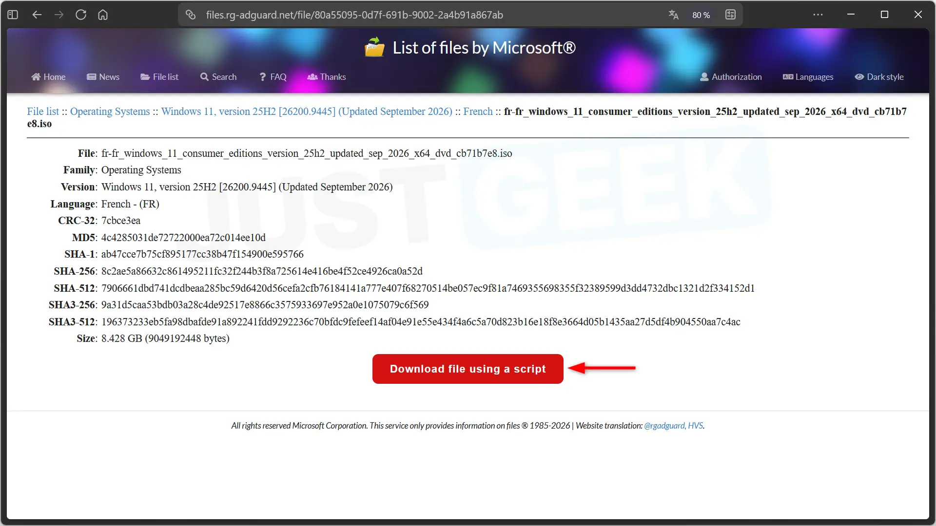 File a Windows 11 25H2 ISO image in rg-adguard with your fingerprints and the file Download using a script button