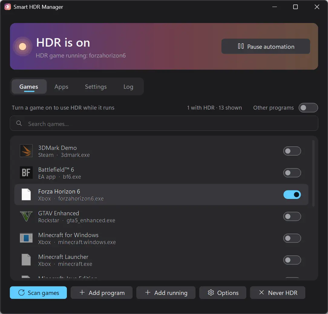 Smart HDR Manager automatically enables HDR when you start Forza Horizon 6 on Windows