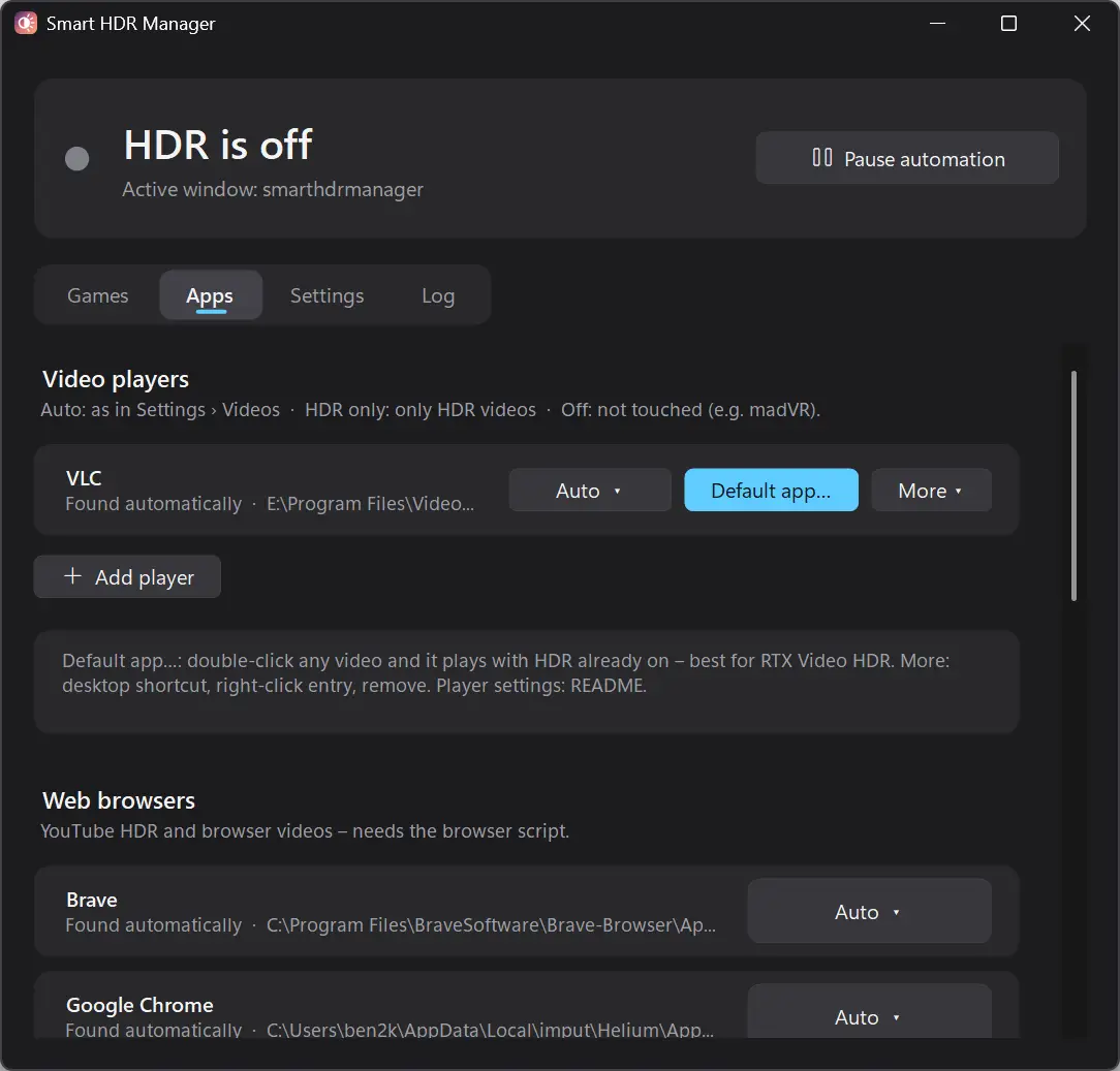 Smart HDR Manager app tab with HDR management options for VLC and web browsers