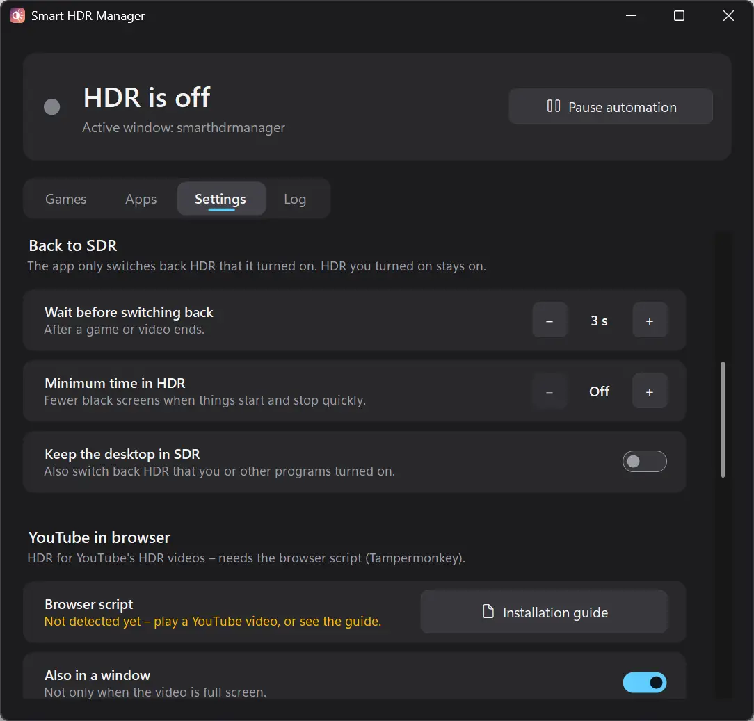 Setting up Smart HDR Manager to adjust automatic SDR backup and detection of HDR videos on YouTube
