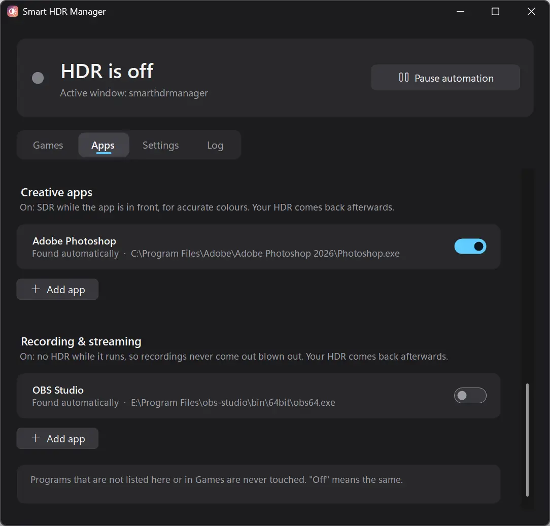 Setting up Smart HDR Manager to turn off HDR automatically with Photoshop and OBS Studio