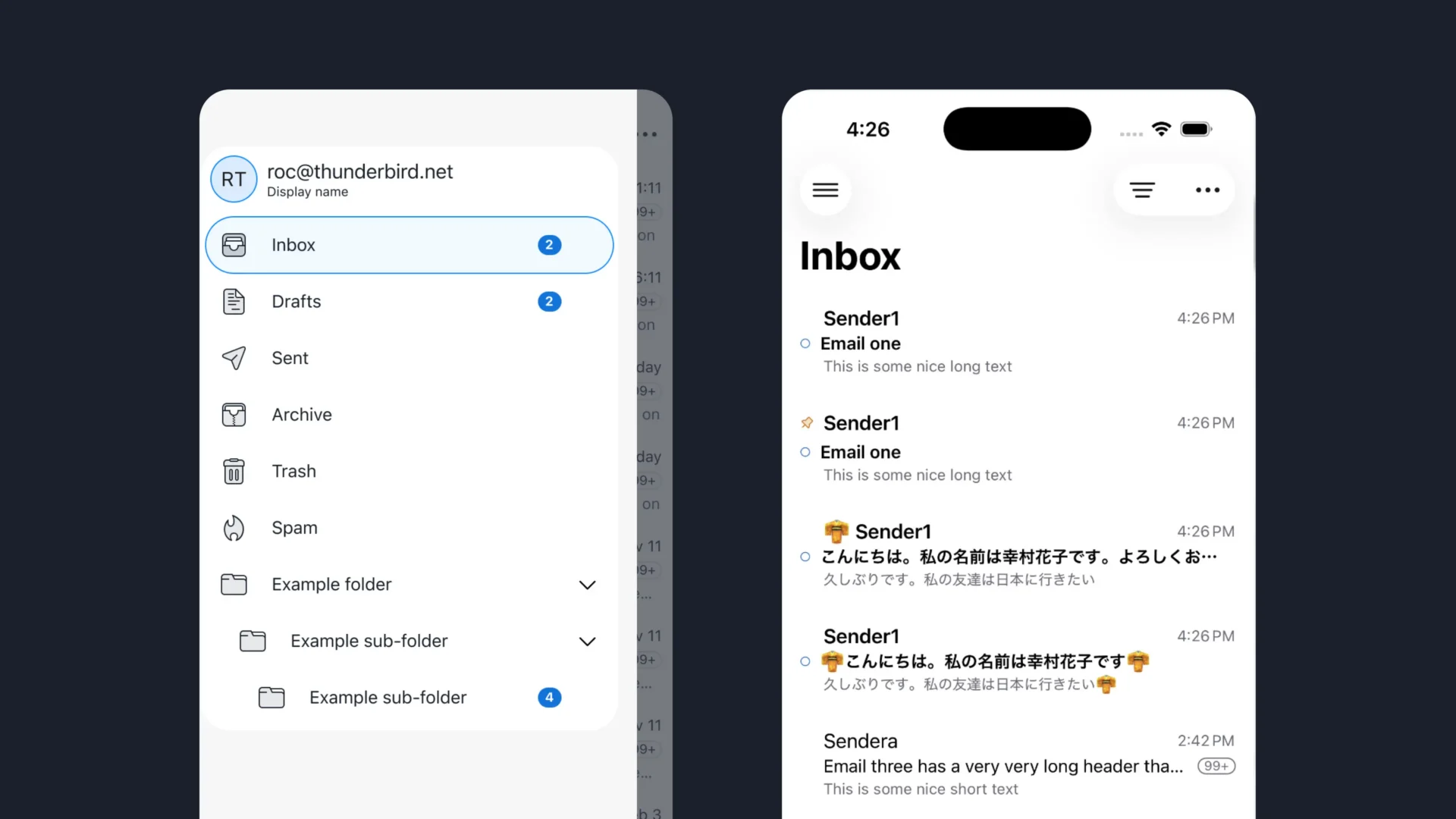 Thunderbird Inbox and Folder Menu on iPhone