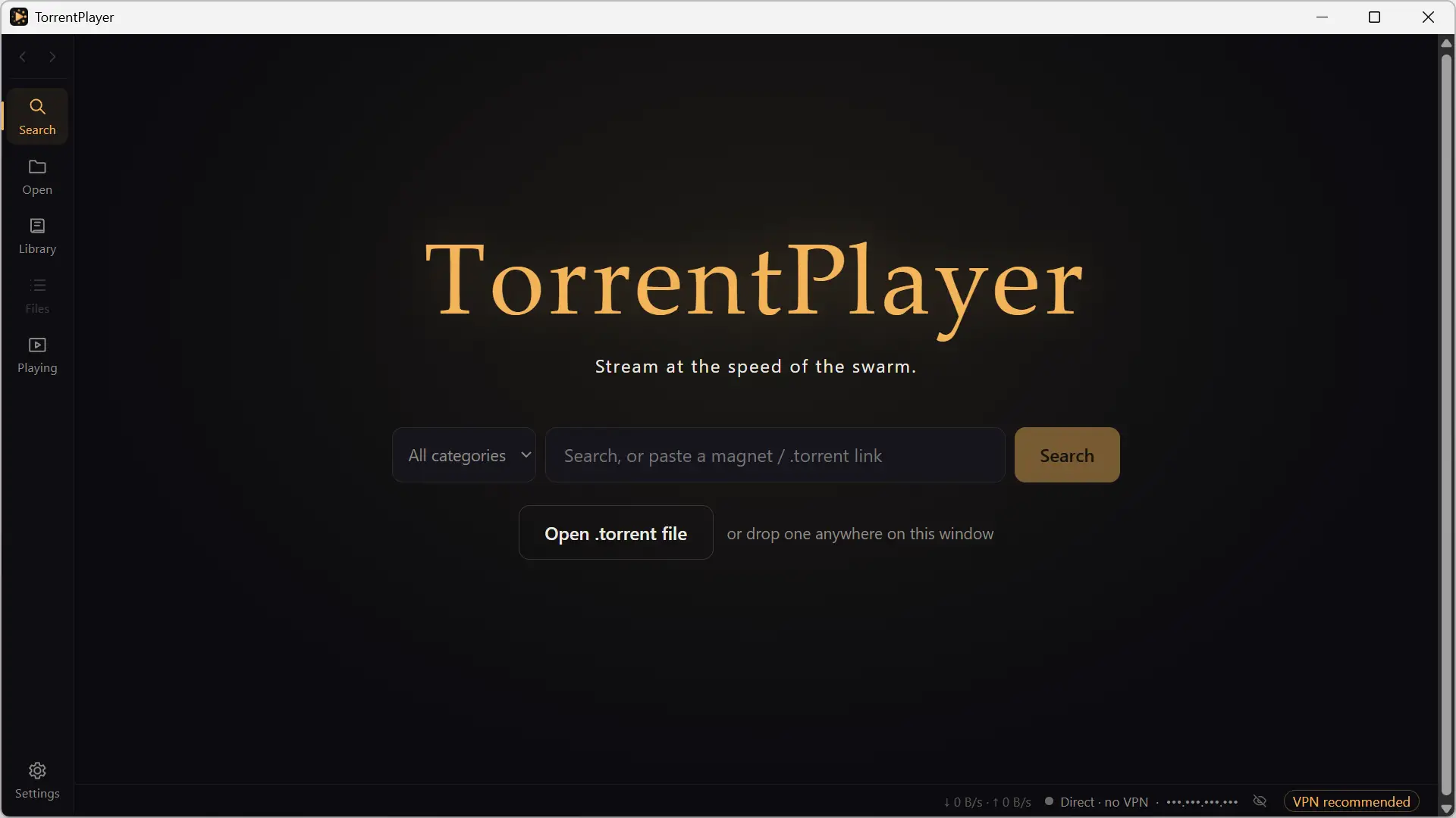 TorrentPlayer main interface on Windows with its built-in search engine and options to open a torrent file or magnet link