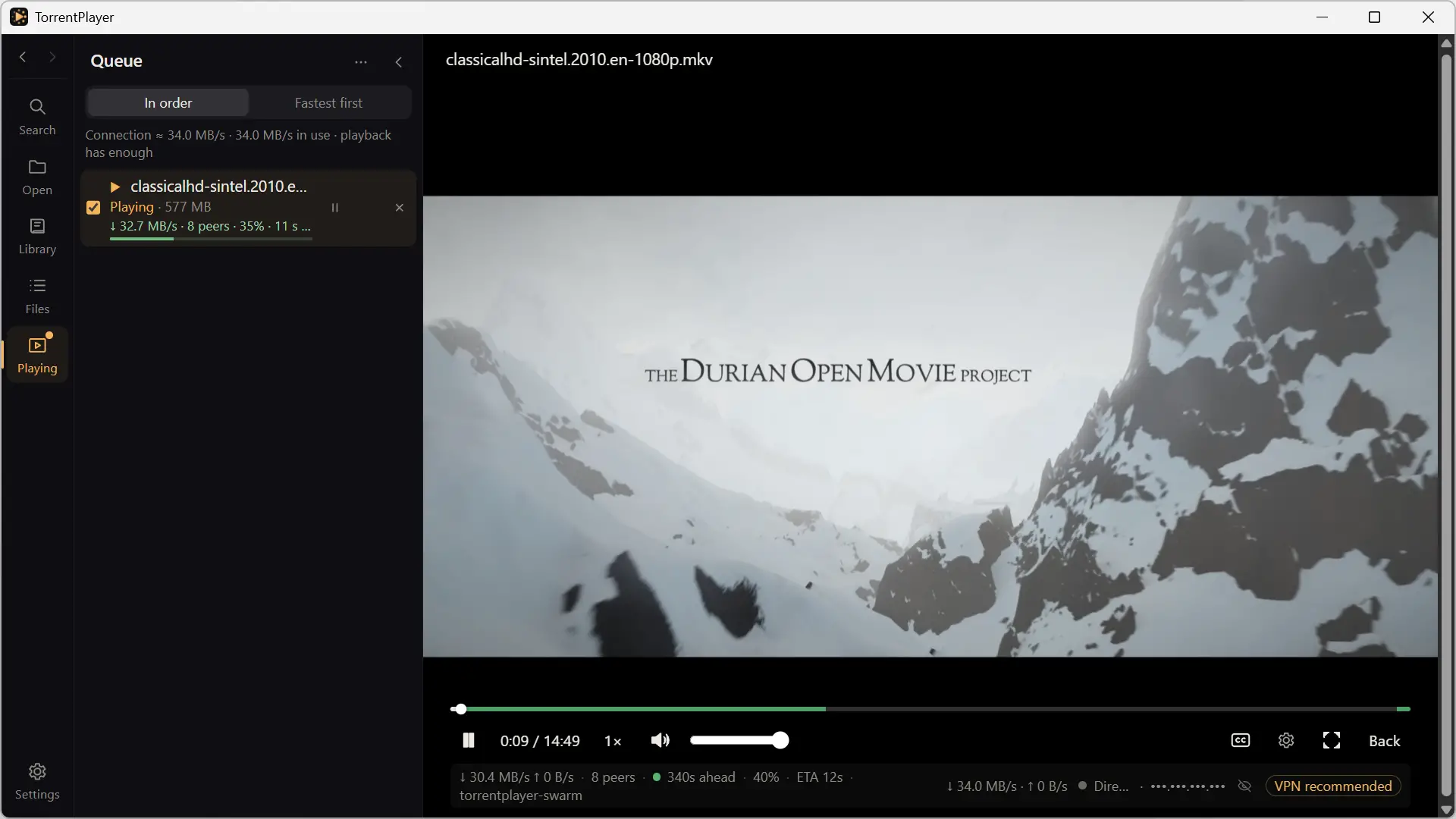 TorrentPlayer plays the Sintel movie while downloading via BitTorrent, and displays the download speed and progress