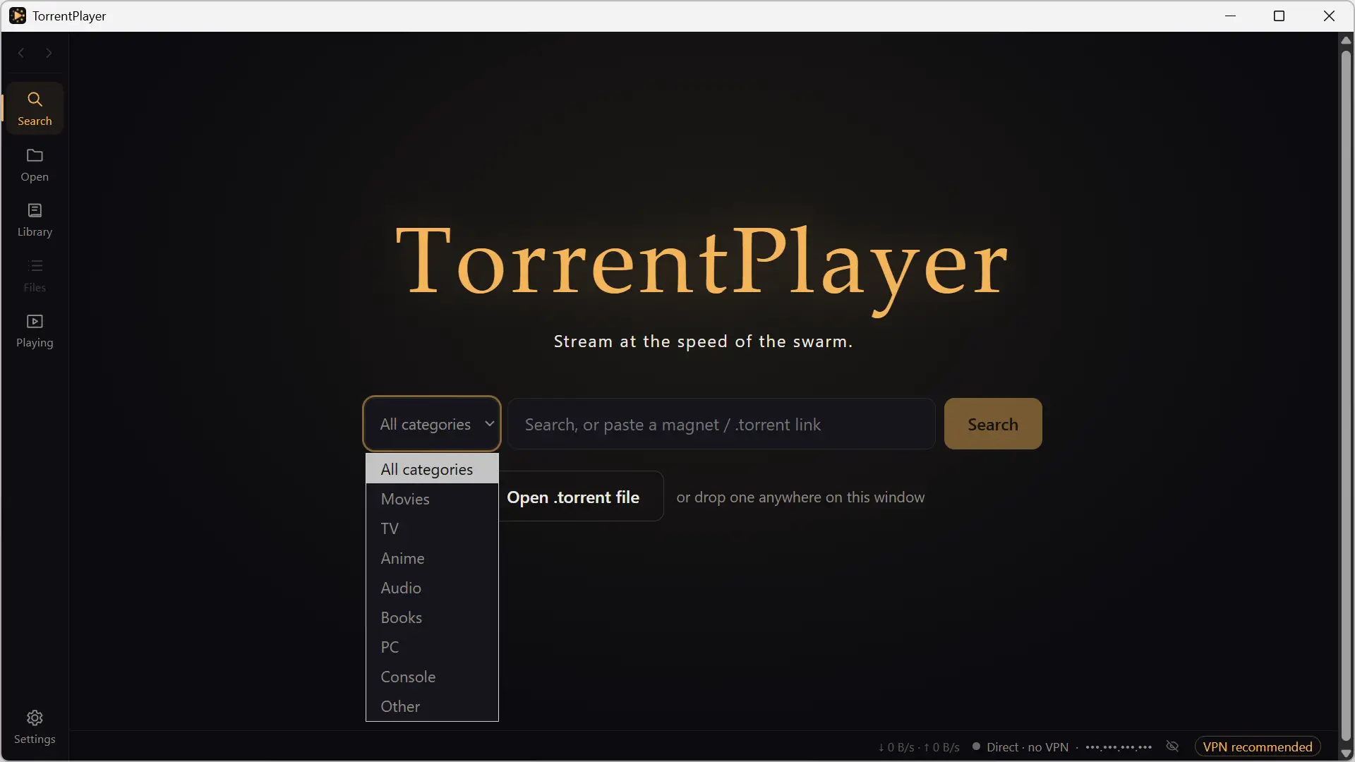 TorrentPlayer search engine that shows available categories including movies, series, anime, music, books and video games.